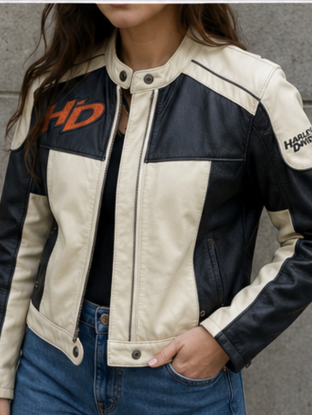NWT * HARLEY-DAVIDSON Women's Leather Racing Jacket Biker Motorcycle Black Cream